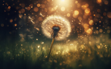 Close up of dandelion flowers floating in the air blurry forest background