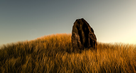3D rendering of serene and peaceful meadow landscape with single standing stone and sunset on the deep horizon