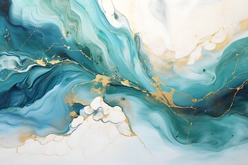 Marble Art, Blue Gold Effect, Swirl, Blend of Gold and Turquoise, Wallpaper Background, AI generated