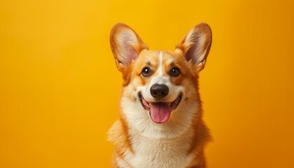 affectionate nature of a Corgi against a warm yellow background, showcasing the breed's distinct appearance and loving demeanor,  Corgi against on yellow background. - obrazy, fototapety, plakaty