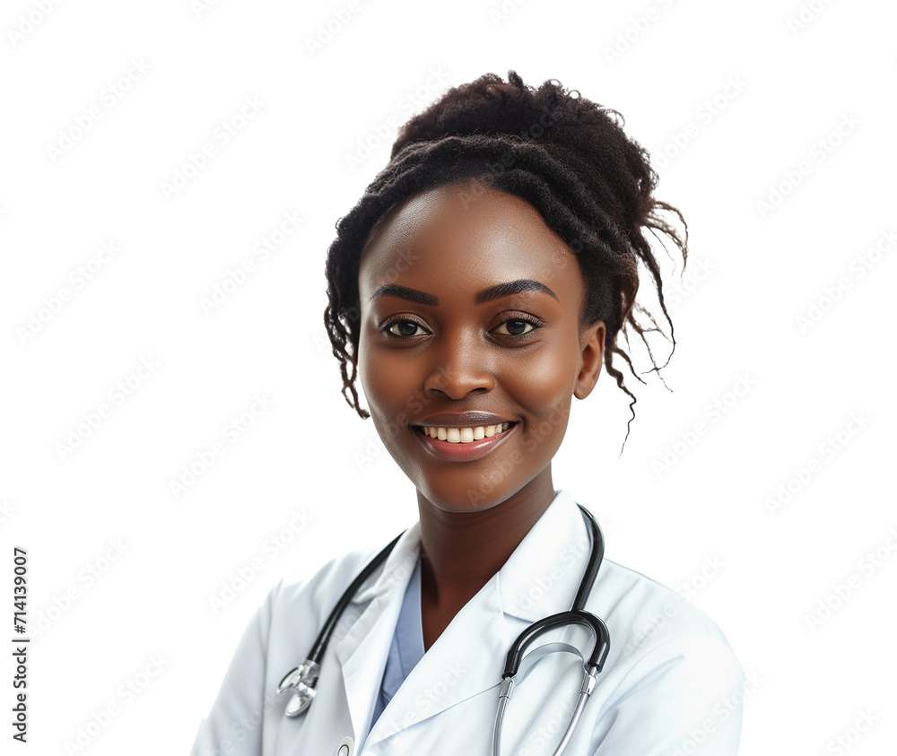 Wall mural medicine, profession and healthcare concept - happy smiling african american female doctor in white 