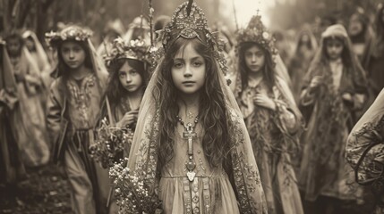 a vintage photo, the holy week, a procession and child prayers holding a cross