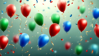 Festive background with golden and blue balloons falling confetti blurry background