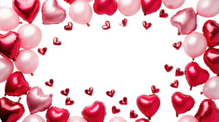 Valentine's baloons hearts isolated on transparent background. Pink and red symbols of love border for romantic banner or Happy Mother's Day greeting card design