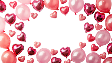Valentine's baloons hearts isolated on transparent background. Pink and red symbols of love border for romantic banner or Happy Mother's Day greeting card design