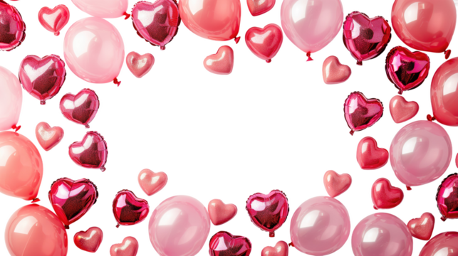 Valentine's baloons hearts isolated on transparent background. Pink and red symbols of love border for romantic banner or Happy Mother's Day greeting card design
