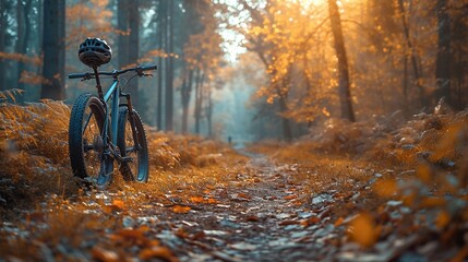 A mountain bike parked in a forest. It creates a sense of adventure and exploration.