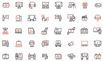 Vector Collection of Linear Icons Related to Video Content Editing, Online Streaming and Media Product. Mono Line Pictograms and Infographics Design Elements - pack 1