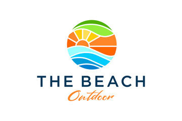 Sunset beach resort logo design, striped line style with bright color, travel vacation outdoor icon symbol, water wave symbol element. - obrazy, fototapety, plakaty