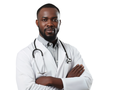 Happy afro man doctor portrait isolated on transparent
