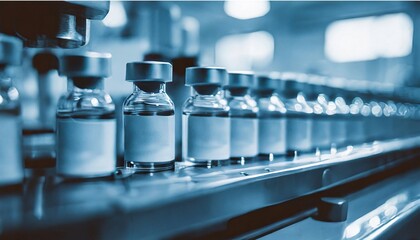 Medical glass vials on the production line. Pharmaceutical factory.