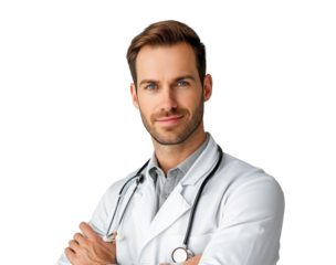Man doctor in a white coat with a stethoscope looking into the camera on a transparent background, copy space, space for text