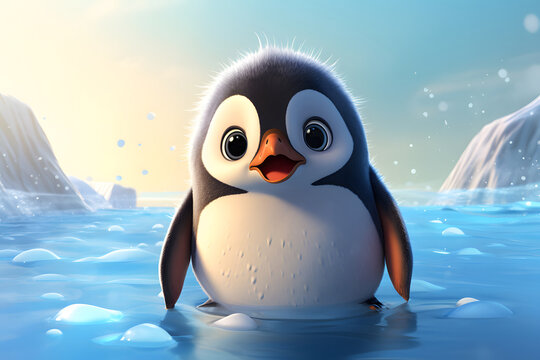 Cartoon penguin sitting on the snow, 3d render illustration, 