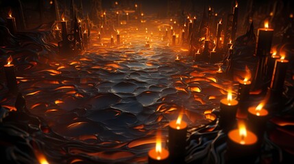 A top view of a candlelit scene with melting candles, capturing the fascinating patterns formed by the flowing wax.
