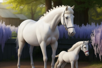A photo of a beautiful white horse stands in the field Generative AI