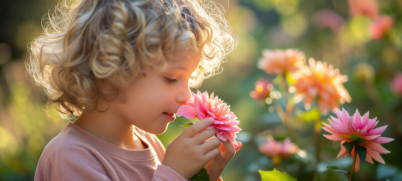 fröhliches Kind riecht an einer frischen Frühlingsblüte