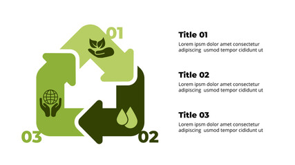 Ecology infographic. Sustainable home. Renewable energy. 3 steps presentation template. Green house. Environment care. Recycling innovation. Eco friendly building. Nature icon logo. Smart technology