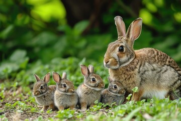 Fototapeta premium A cute picture of a mother rabbit/bunny with her adorable little one lying in the grass. Generative AI