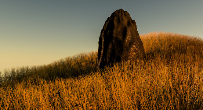 3D rendering of serene and peaceful meadow landscape with single standing stone and sunset on the deep horizon