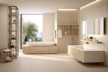 Fototapeta na wymiar Ecru color minimal design decoration modern bathroom interior