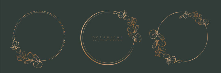 Botanical eucalyptus circle frame set. Hand drawn round line border, leaves and flowers for wedding invitation and cards, logo design, social media and posters template. Elegant minimal vector.	