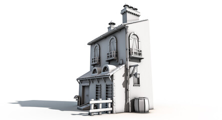 3D rendering stylized medieval cartoon building with intricate details, wooden doors, structures, windows and oil lamp