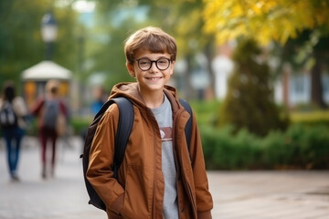 Fototapeta premium Elementary school student with backpack and glasses, back to school. Generative ai