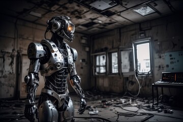 cyborg robot  in a abandoned room  created with generative AI software.