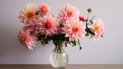 bouquet of dahlias in a vase on a table, on a white background