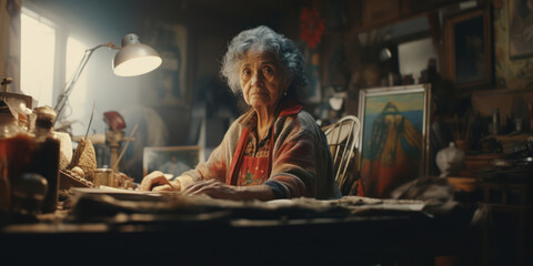 Fototapeta premium Lonely Senior Woman with Wrinkled Face, Sitting by the Window, Reflecting on Life