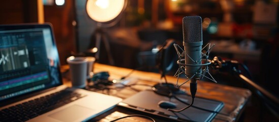 Podcast setup with microphone, laptop, and lamp on close-up table in a home studio.