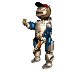 Fototapeta premium 3D rendering of a cute stylized cartoon robot character wearing a sports cap and reaching his hand on white background