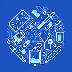 Illustration of medical elements on a blue background. Vector set of images on medical topics. Poster with the image of medical equipment in flat style. A pattern of elements in the form of a circle.