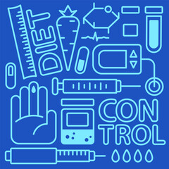Poster on a blue background on the theme of diabetes. Image of blood glucose measuring equipment, insulin pen, diet products and other disease related attributes. Vector outline icons.