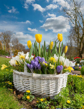 Fototapeta Spring decoration, tulips, daffodils, crocuses in wedge baskets on the background of a spring garden