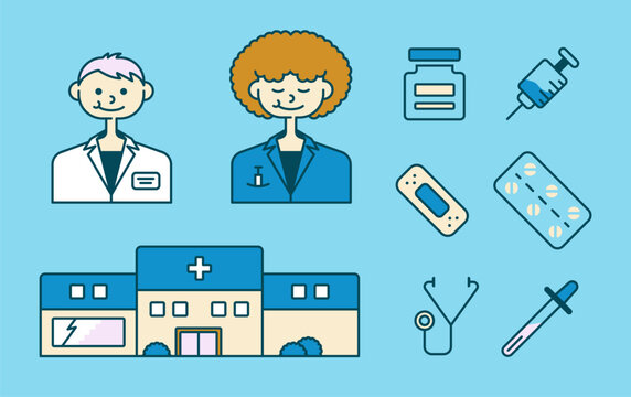 Vector set of elements on a medical theme on a blue background. Illustration depicting two medical workers, a hospital, 6 elements of medical equipment. Image of elements made in flat style.