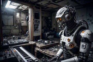 cyborg robot  in a abandoned room  created with generative AI software.