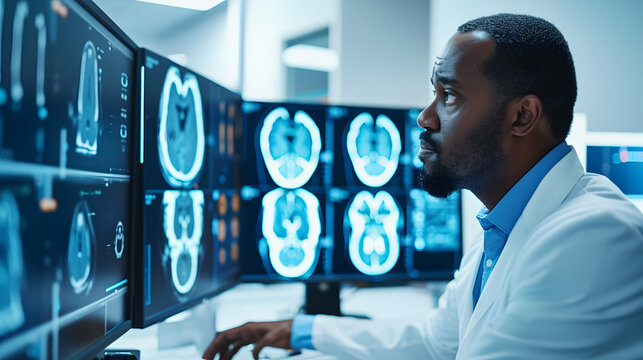 Black man Neurologist Looks at Screen with MRI Scan and diagnose.