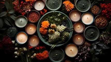 A top view of a candle display with a mix of earthy tones like burnt orange, olive green, and warm brown, bringing a cozy feel to the room - obrazy, fototapety, plakaty