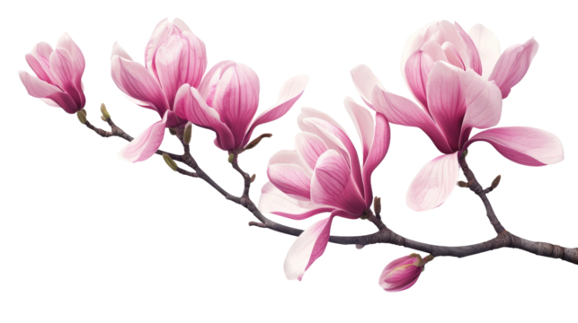Beautiful pink spring magnolia flowers on a tree branch isolated on transparent
