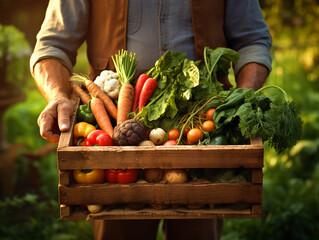 A farmer in field holding a vegetable bucket - ai generative