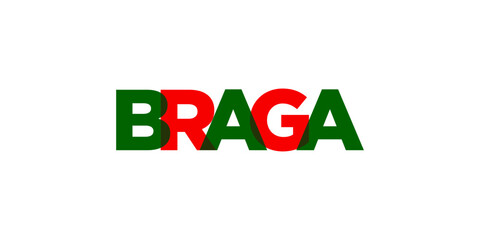 Braga in the Portugal emblem. The design features a geometric style, vector illustration with bold typography in a modern font. The graphic slogan lettering.