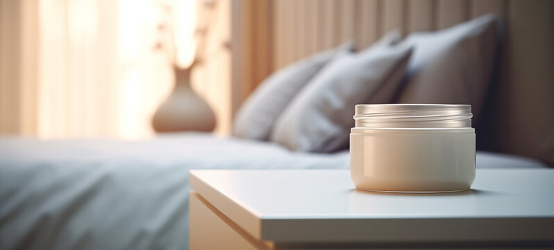 A jar of cream stands on the nightstand, the bed in the background, generative AI