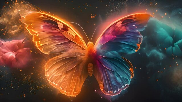 Fantastic butterfly and magical curving transparent waves with glowing stars on night dark background Sparkling neon lights various colors