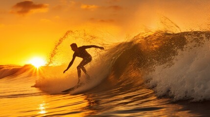 Silhouette of a surfer on a wave against a stunning sunset backdrop, evoking adventure and freedom.