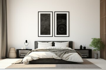 Modern bedroom with empty art frame suitable for highlighting products or enhancing decor, featuring a black and white color scheme. Generative AI
