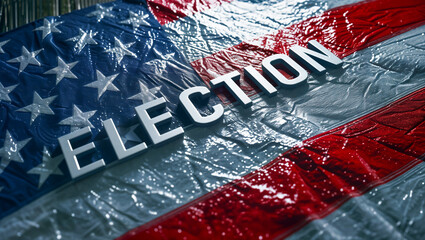 The word "ELECTION" milled from metal on a shiny flag for the presidential election