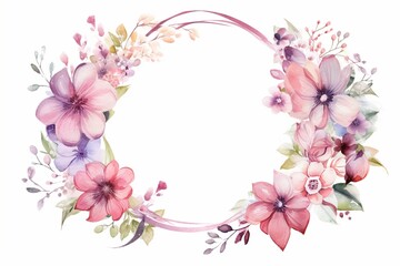 A white backdrop provides the stage for a watercolor floral frame with two matching wreaths composed of vibrant flowers and leaves in various hues. Created with generative AI tools