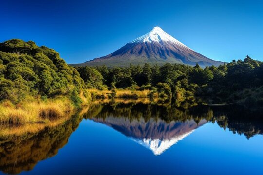 A stunning reflection of Mount Taranaki in Mirror Lake, located in New Zealand. Generative AI