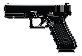 Vector illustration of the automatic pistol on a white background. Black. Left side. - obrazy, fototapety, plakaty